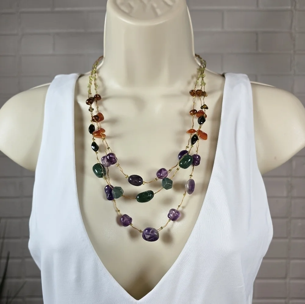 Coldwater Creek Gold Tone Purple and Green Multi-Strand Layered Necklace